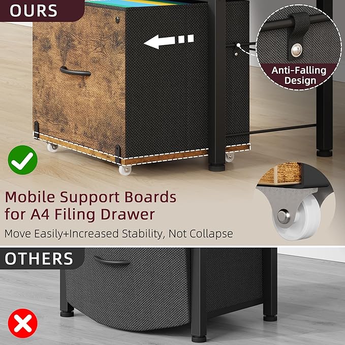 Filing Cabinet with 2-Tier Printer Shelves, 2 Fabric Drawers File Cabinet with Side Bag&File Drawer for A4/Letter Size, Printer Stand with Storage for Home Office, Rustic Brown, 16.5" W