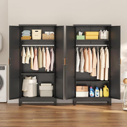 INTERGREAT Metal Armoire Wardrobe Closet, Storage Cabinet with Hanging Rod, 71" H Wardrobe Closet with Doors, Metal Storage Cabinets for Bedroom/Office/Garage (Black)
