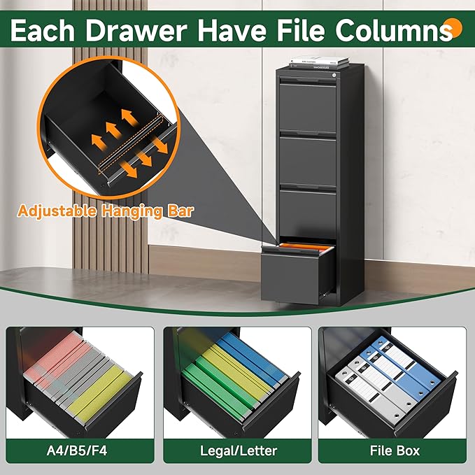 4 Drawer File Cabinet, Tall Vertical Filing Cabinets for Home Office, Locking Metal File Cabinet for Letter/Legal/A4/F4 Size, Assemble Required