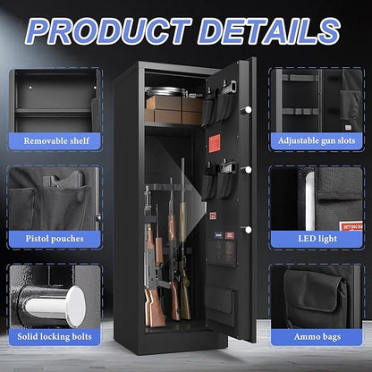 Marcree 8-10 Gun Safe for Rifles & Pistols, Quick Access Rifle Safe with Dual Alarm, Mute Mode, Adjustable Shelves & Pistol Pockets, Gun Cabinet for Shotguns