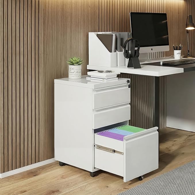 Bonusall Fully Assembled 3-Drawer Metal File Cabinet with Lock - Mobile Under Desk Filing Cabinet for Legal/Letter/A4 Size, Anti-Tilt Mechanism, Pre-Installed Office Storage, White