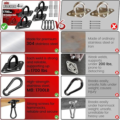 sprookber 304 Stainless Steel Pad Eye Snap Hooks, M10 Heavy Duty Ceiling Hook, 1700lb Capacity Hammock Swing Hanging kit, Plant Hangers, Marine Hardware Staple Hook Loop with Screws, Set of 8(Black)