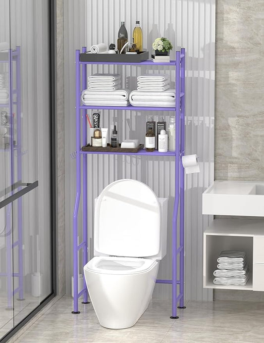 3-Tier Over The Toilet Storage, Freestanding Metal Bathroom Shelves with 4 Hooks, Over Toilet Storage Shelf with Paper Holder, Above The Toilet Shelf for Bathroom Storage, Purple