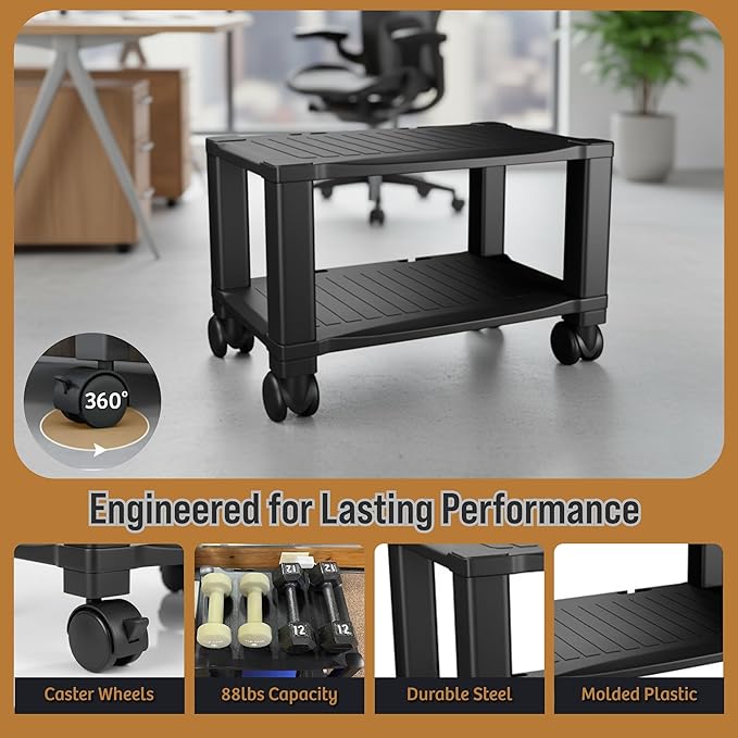 Home-Complete Printer Stand-2-Tier Under Desk Table for Fax, Scanner, Printer, Office Supplies-Compact and Mobile with Wheels for Portable Storage