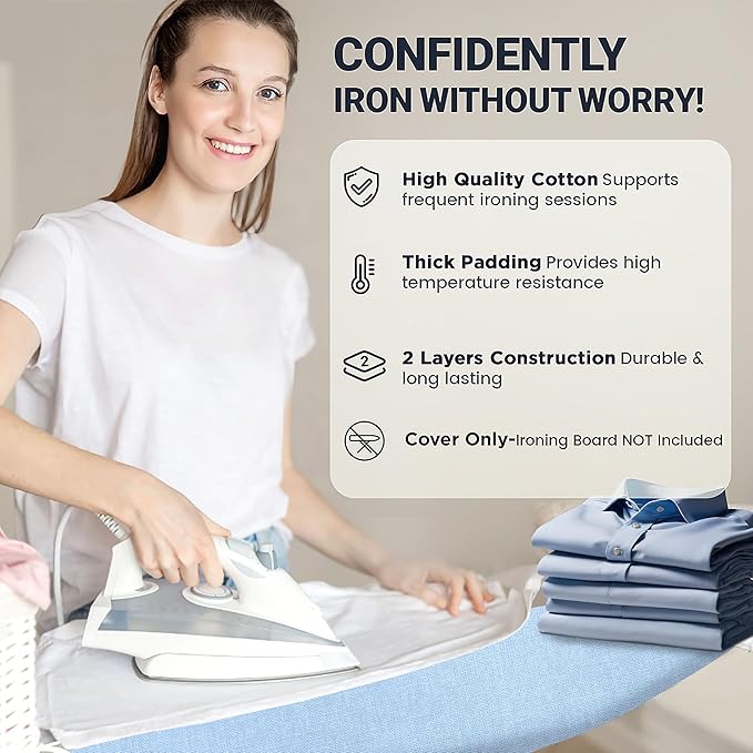 Ironing Board Cover and Pad 15"x54" Extra Thick Natural Cotton, Scorch and Stain Resistant Padding, Standard Size Iron Board Cover with Fasteners Heavy Duty Elastic Edge, Heatproof Blue