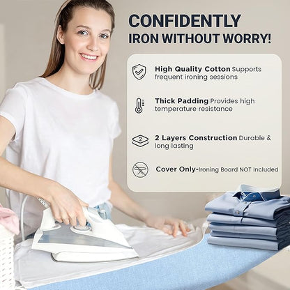 Ironing Board Cover and Pad 18"x49" Extra Thick Natural Cotton, Scorch and Stain Resistant Iron Board Cover, Wide Ironing Board Cover with Fasteners Heavy Duty Heatproof Elastic Edge Blue
