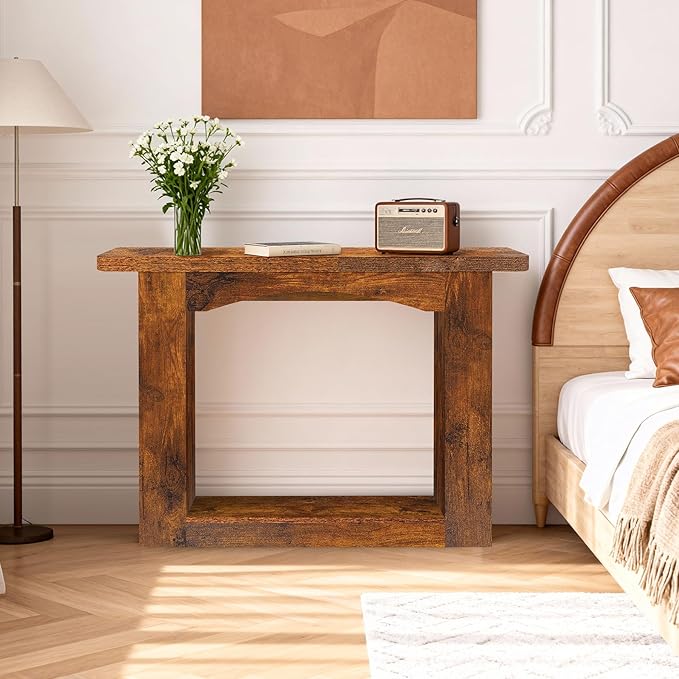 43 Inch Entryway Table U-Shaped Extension, 1.6 Inch Thick Desktop Wooden Console Table with Socket Farmhouse Sofa Table for Entrance, Hallway, Living Room,Behind Couch(Rustic Brown)