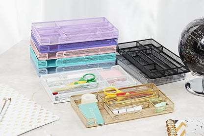 Annova Desk Drawer Organizer Tray for Office Organization - Metal Mesh - Storage Tray with Dividers for Pens, Desktop Accessories, Bathroom, Kitchen, Makeup and Office Supplies (Small, Purple)