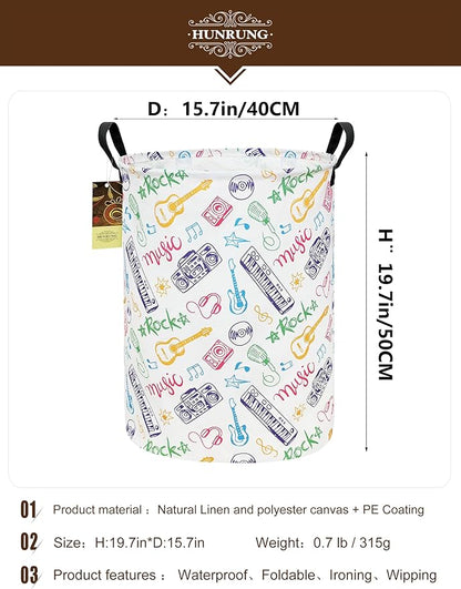 HUNRUNG Laundry Hamper,Large Canvas Fabric Lightweight Storage Basket Toy Organizer Dirty Clothes Collapsible Waterproof for College Dorms（Round-Musical instrument）