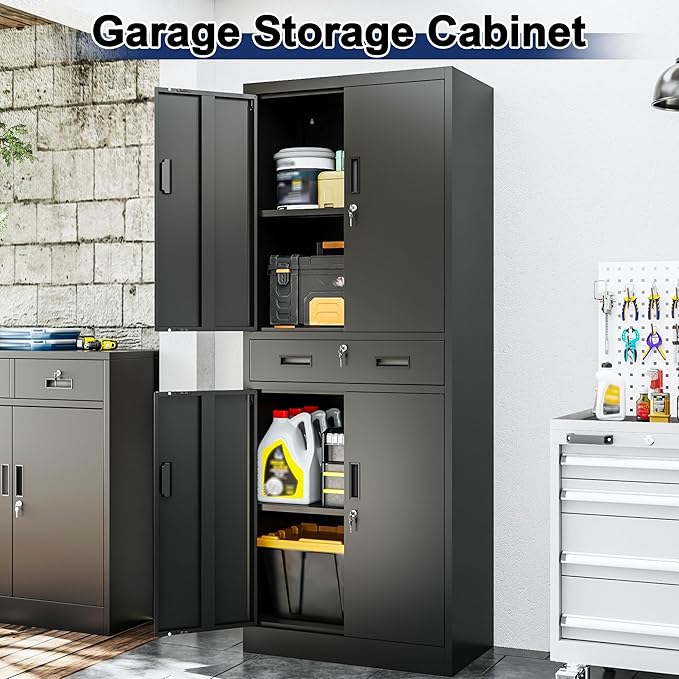 BESFUR Metal Garage Storage Cabinet with a Drawer Locking Doors and 2 Adjustable Shelves, Black Tall Storage Cabinets, Tool File Lockable Cabinet for Garage Office Warehouse Shop(71”H)