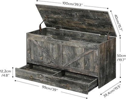 HOOBRO Storage Chest, 39.3" Toy Chest with Drawer, Wooden Storage Bench, Sturdy Entryway Bench Supports 220 lb, Shoe Bench, Safety Hinge, U-Shaped Opening, Easy Assembly, Vintage Gray VP710CW01G1