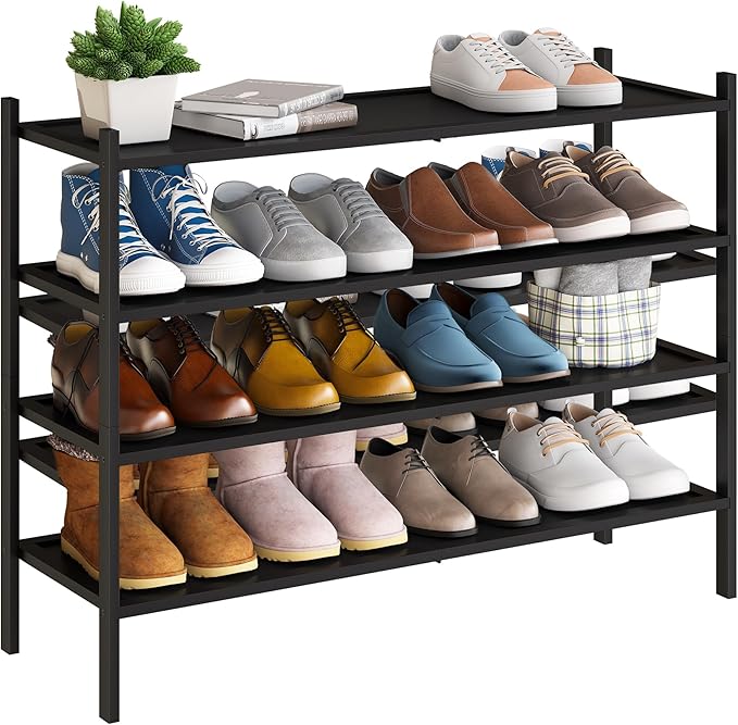 BMOSU 4-Tier Bamboo Extended Shoe Rack Premium Stackable Shoe Shelf Storage Organizer for Hallway Closet Living Room Entryway Organizer(Black)