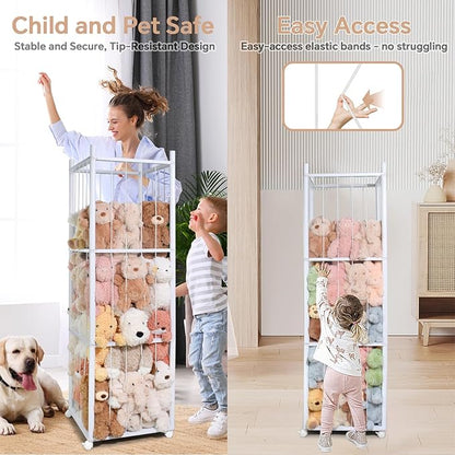 Stuffed Animal Storage Kids, Wood Stuffed Animal Zoo Storage with Brake Wheels, Stuffed Animal Organizer with Elastic Cords for Kids, Perfect for Nursery Playroom Kidroom Bedroom - White