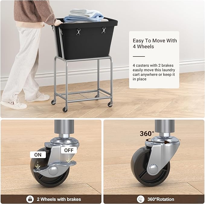 ELYKEN Rolling Laundry Hamper with Wheels, Laundry Cart with Removable Bag, Heavy Duty Metal Frame, 2-Tier Clothes Basket Hamper with Shelf for Closet, Bedroom, Bathroom, Laundry Room, Black