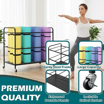Yoga Mat Rack Storage Basket with Wheels,All-in-One Organizer for Yoga Mat Holder,Home Gym Equipment Storage Cart for Dumbbells, Kettlebells and Foam Rollers