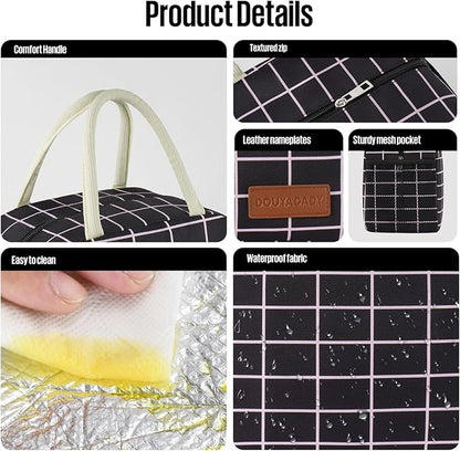 Lunch Bag Women/Men Lunch Box Women/Men (Black+Pink Blocks)