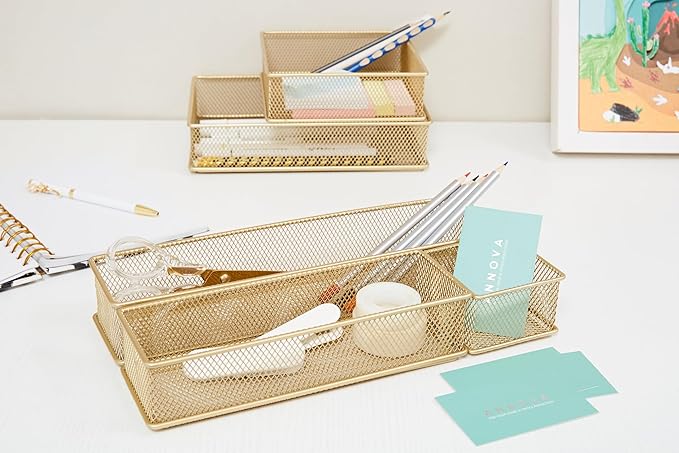 Annova Mesh Stackable Drawer Cabinet and Shelf Organizer Bins Storage Basket School Office Supply Holder Tray- Set of 2 (Gold, 3x9x2 Inch)