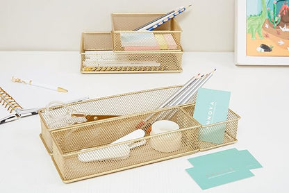 Annova Mesh Stackable Drawer Cabinet and Shelf Organizer Bins Storage Basket School Office Supply Holder Tray- Set of 2 (Gold, 3x9x2 Inch)