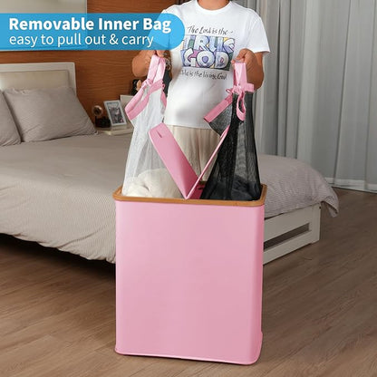efluky Laundry Hamper with Lid, Double Laundry Hamper with 2 Removable Bags, 2 Section Laundry Basket with Bamboo Handles for Bathroom, Bedroom & Laundry Room (Pink, 140L Dual)
