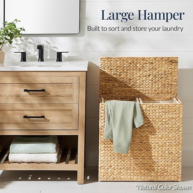 Best Choice Products Large Double Laundry Hamper with Lid, Natural Handwoven Water Hyacinth, 2 Sections w/ 2 Machine Washable Linen Liner Bags, Portable, Handles - Chestnut