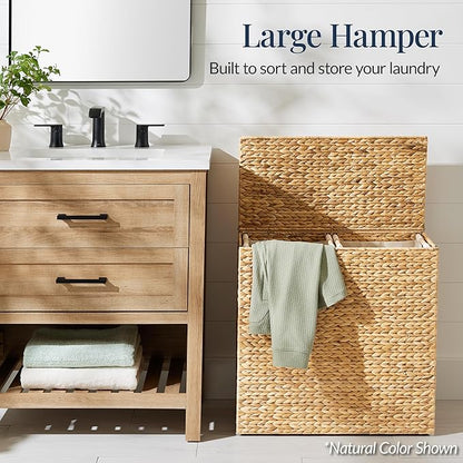 Best Choice Products Large Double Laundry Hamper with Lid, Natural Handwoven Water Hyacinth, 2 Sections w/ 2 Machine Washable Linen Liner Bags, Portable, Handles - Chestnut