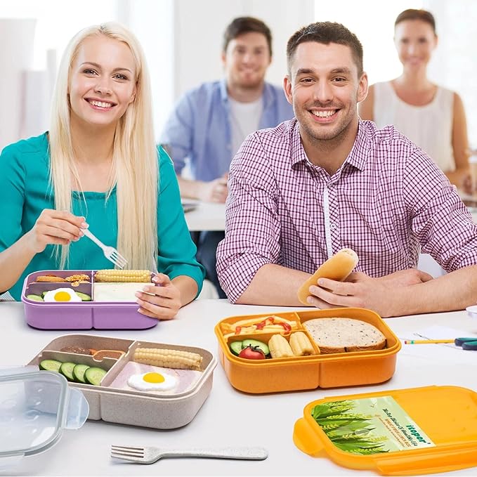 Wheat Straw Lunch Box, Leakproof 3-Compartment Bento Box for Kids & Adults, BPA-Free Lunch Containers, Microwave & Dishwasher Safe, 5.5 Cup (White)