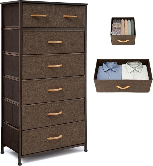 Tall Dressers for Bedroom, 7 Drawers Dresser Fabric Storage Closets Storage Units Organizer Tower Steel Frame Wooden Top for Bedroom, Hallway,Nursery, Entryway(Dark Brown)