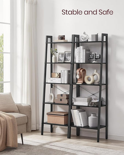VASAGLE Ladder Shelf, 5-Tier Bookshelf, Storage Rack, Bookcase with Steel Frame, for Living Room, Home Office, Kitchen, Bedroom, Industrial Style, Ebony Black and Ink Black ULLS045B56