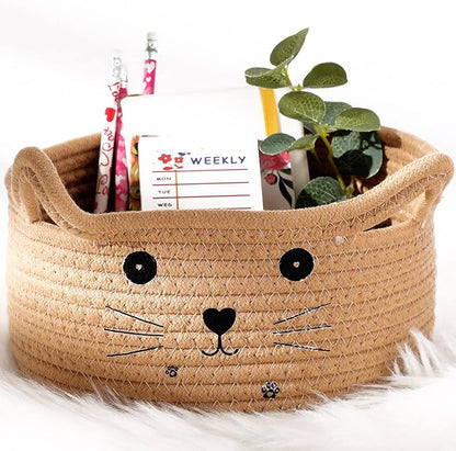 Zopeal Cat Basket Storage Woven Organizer with Ears Easter Decorative Gift Pet Toy Cute Cotton Rope Basket for Gift Cat Dog Toy Bin Nursery Room(8.3 x 4.7 Inch,Khaki)
