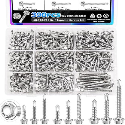 mxuteuk 390PCS Self Tapping Screws,410 Stainless Steel Self Tapping Screws for Metal,#8,#10,#12 Self Drilling Screws,Hex Washer Head Sheet Metal Screws Suitable for Wood, Metal or Tough Materials
