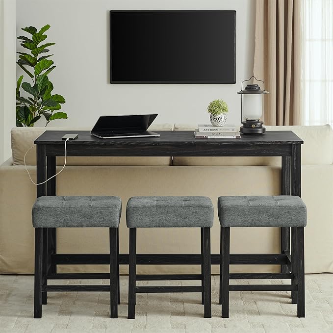 59" Power Outlet Mid Century Console Table, Slim Console Table with Solid Wood Frame, Long Narrow Console Tables for Living Room & Kitchen, Black