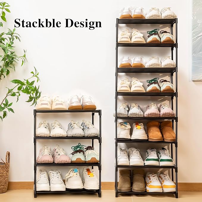 Stackable Small Shoe Rack for Closet 4 Tier, Sturdy Shoe Rack Organizer for Front Door Entrance and Entryway, Free Standing Metal Shoe Shelf Storage for Closet Bedroom Garage Black