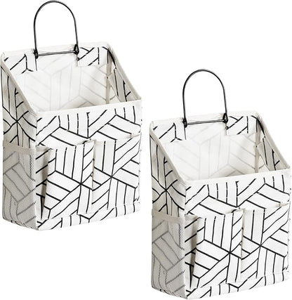 2pcs Wall Hanging Storage Bag, Small Door Closet Linen Fabric Pockets Organizer, Waterproof Multi Functional for Living Room Bedroom Bathroom Kitchen RV Camper with Hooks Pattern Whtie