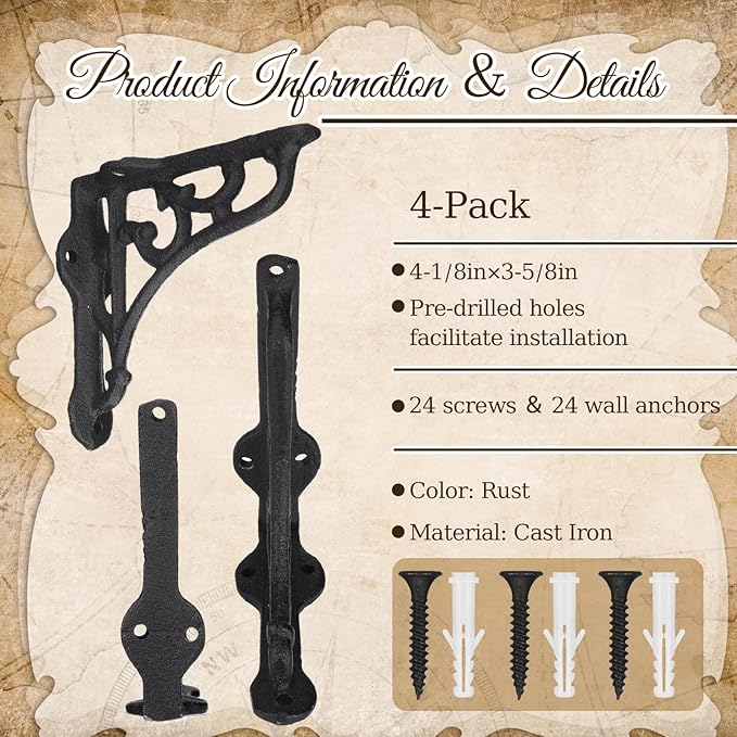 4 Pack 4-1/8 x 3-5/8 Black Antique Shelf Brackets Decorative L Cast Iron Shelf Bracket Brace Heavy Duty Wall Mounted Floating Rustic Vintage Baroque for Farmhouse DIY