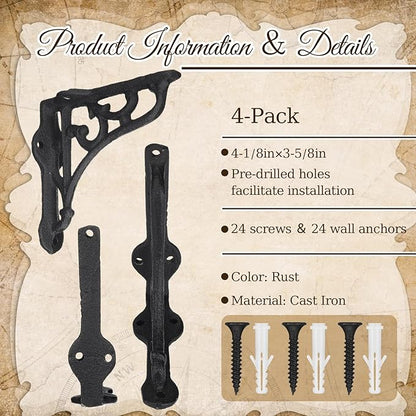 4 Pack 4-1/8 x 3-5/8 Black Antique Shelf Brackets Decorative L Cast Iron Shelf Bracket Brace Heavy Duty Wall Mounted Floating Rustic Vintage Baroque for Farmhouse DIY