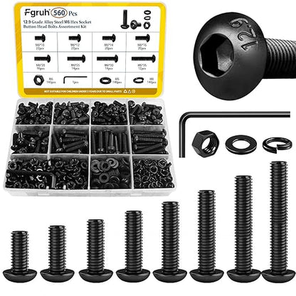 560PCS M6 Hex Socket Button Head Bolt Assortment Kit, M6-1.0x10/12/14/16/20/25/30/35 mm Button Head Cap Bolts Nuts Washers Screws Assorted Set, Grade 12.9 Alloy Steel Black Zinc Plated
