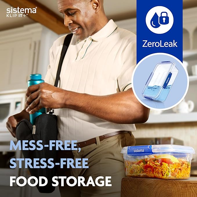 Sistema KLIP IT PLUS Food Storage Containers | 3.35 L | Leak-Proof, Stackable & Airtight Fridge/Freezer Containers with Lids | BPA-Free Plastic | Blue Clips | 3 Count