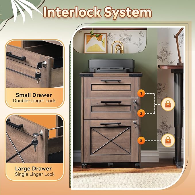 DEVAISE 3-Drawer File Cabinet with Hanging Files, Mobile Rolling Storage Cabinet for Home Office, Printer Stand, Farmhouse Style, Dark Brown
