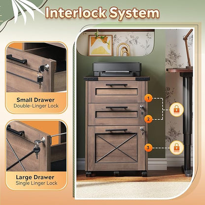 DEVAISE 3-Drawer File Cabinet with Hanging Files, Mobile Rolling Storage Cabinet for Home Office, Printer Stand, Farmhouse Style, Dark Brown