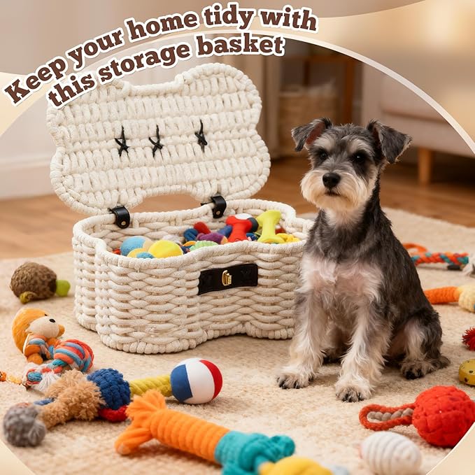 Cotton Rope Basket for Pet Toys, Bone Shaped Pet Toys Organizer, Handmade Dog Toy Bin, Woven Baskets for Storage,14.96 x 11.22 x 6.5 inch