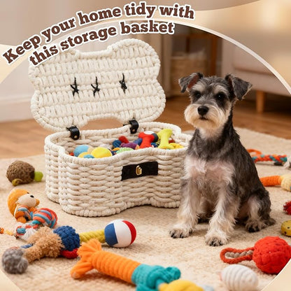 Cotton Rope Basket for Pet Toys, Bone Shaped Pet Toys Organizer, Handmade Dog Toy Bin, Woven Baskets for Storage,14.96 x 11.22 x 6.5 inch