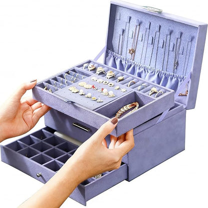 Jewelry Organizer Box for Women with Drawers, 3-Tier Large Capacity Jewelry Storage Organizer Vintage Lockable Display Case with Compartments for Necklaces, Bracelets, Rings, Earrings