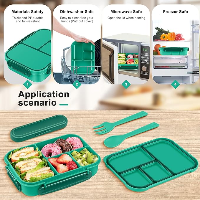 Lunch Box Kids,Bento Box Adult,Leakproof Lunch Containers for Adults/Kids/Toddler,1200ML-4 Compartments bento Lunch box with Utensil,Microwave & Dishwasher & Freezer Safe (Green)