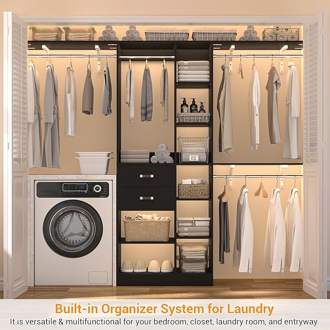 Upgraded 96 Closet System with 18 Storage Place, 8FT Closet Organizers System with 13 Shelves and 2 Wooden Drawers, 96'' Walk-in Closet with 4 Hanging Rods, Adjustable Garment Rack, Black