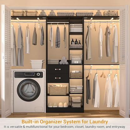 Upgraded 96 Closet System with 18 Storage Place, 8FT Closet Organizers System with 13 Shelves and 2 Wooden Drawers, 96'' Walk-in Closet with 4 Hanging Rods, Adjustable Garment Rack, Black