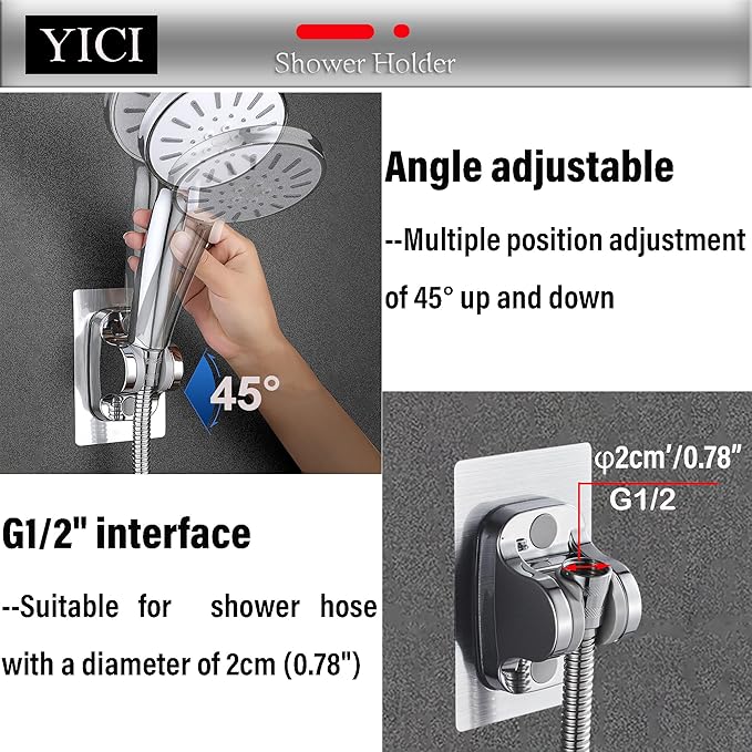 YICI Handheld Shower Head Holder No Drilling 12cm Strong Adhesive Hand Shower Holder Angle Adjustable Adhesive Shower Holder Shower Bracket (2-Pack Silver)