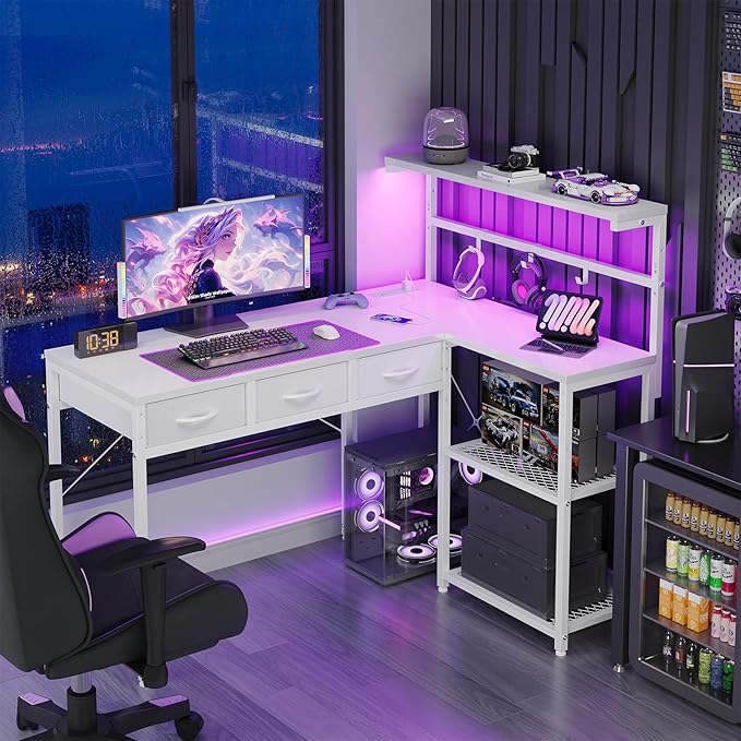 Grandder 50 Inch L Shaped Gaming Desk with 3 Drawers & Storage Shelves & Hutch, Computer Desk with USB Ports, Study Writing Table for Bedroom, Simple Modern Laptop Desk for Home Office, White
