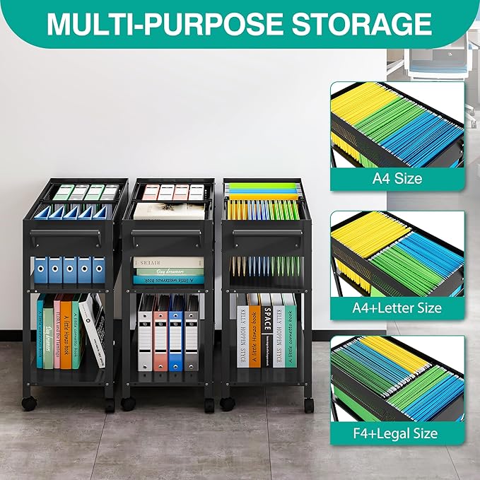 Rolling File Cart with Wheels Hanging Files,Rolling File Cabinet Organizer,Rolling Hanging File Folder Cart on Wheels,Metal Filing Cart,Fit A4/F4/Letter/Legal File for Home Office (Black Mesh)
