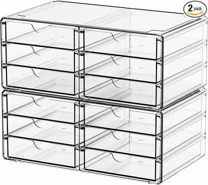 Yieach 2 Pack Acrylic Storage Drawers With 12 Small Drawer,Stackable Office Cabinet Organizer and Makeup Organizer,Clear Plastic Drawers for Craft Supply,Pen,Stationary,Accessory,Makeup,Desk Organizer