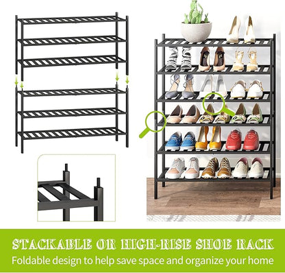 BMOSU 3-Tier Bamboo Extended Shoe Rack Premium Stackable Shoe Shelf Storage Organizer for Hallway Closet Living Room Entryway Organizer (Black Bamboo)